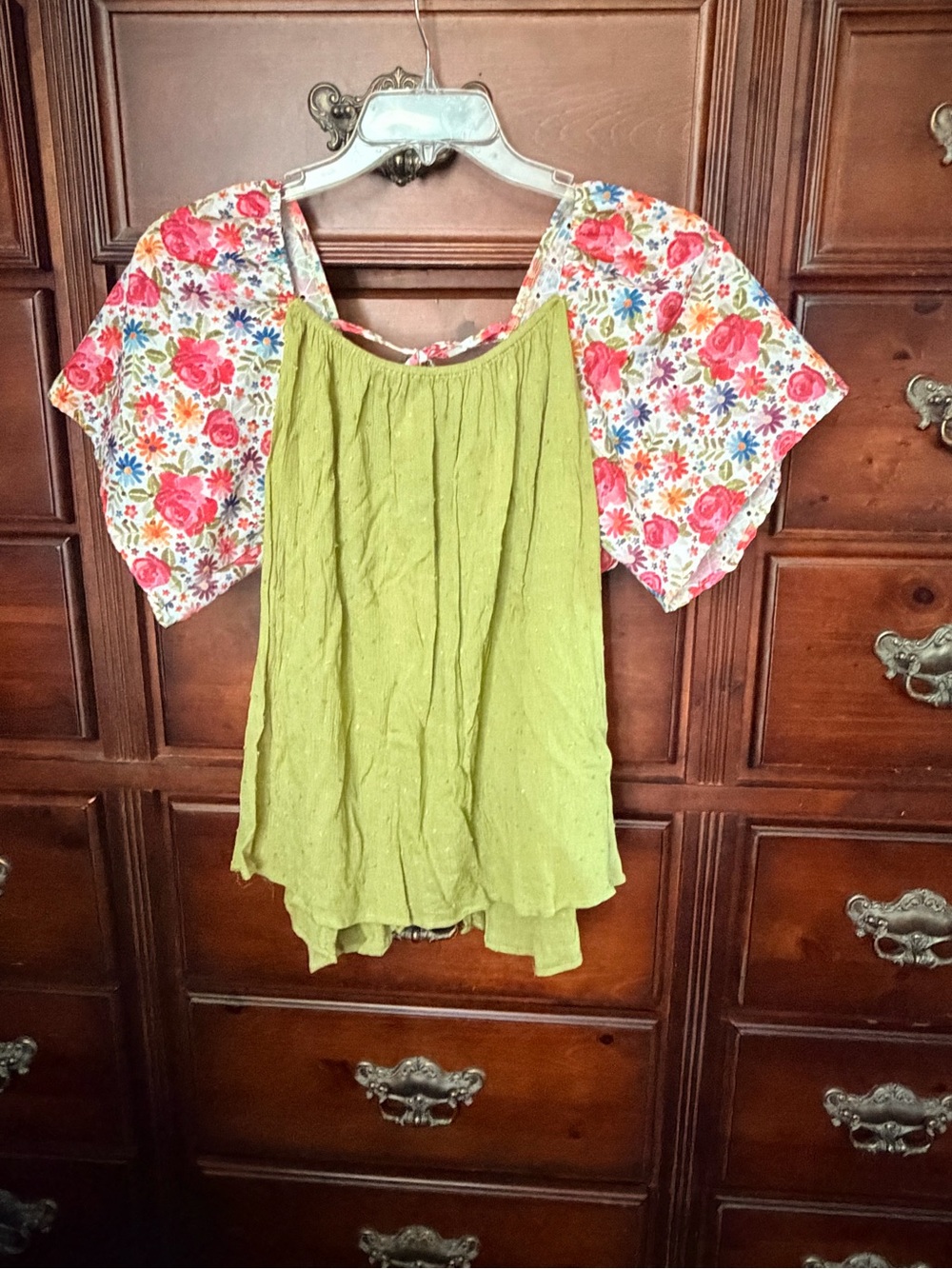 Trendy boutique Olive Green Top with Floral Sleeves